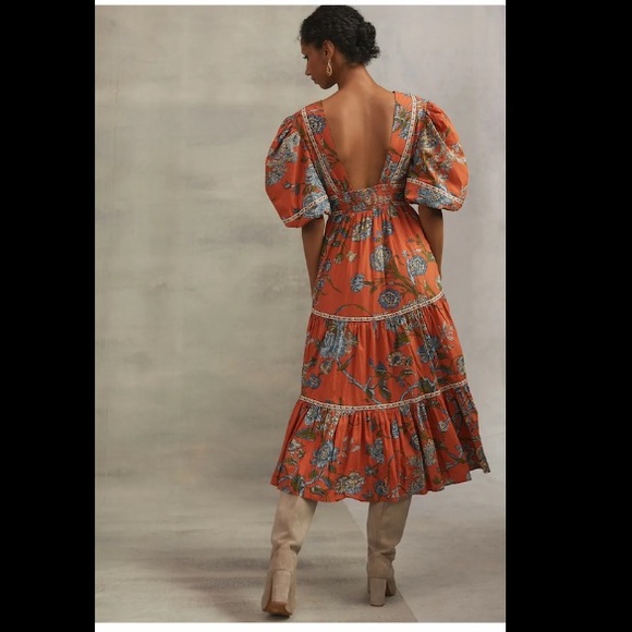 Anthropologie Love the Label Puffed Sleeves Orange Floral Tiered MIDI Dr… - Picture 4 of 13